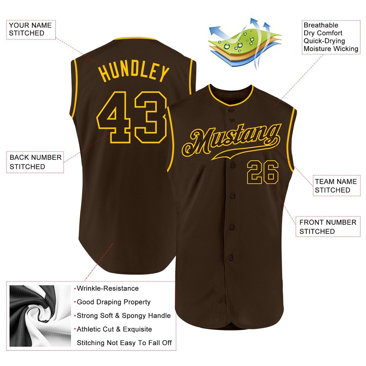 Custom Brown Brown-Gold Authentic Sleeveless Baseball Jersey baseball jersey product view 2