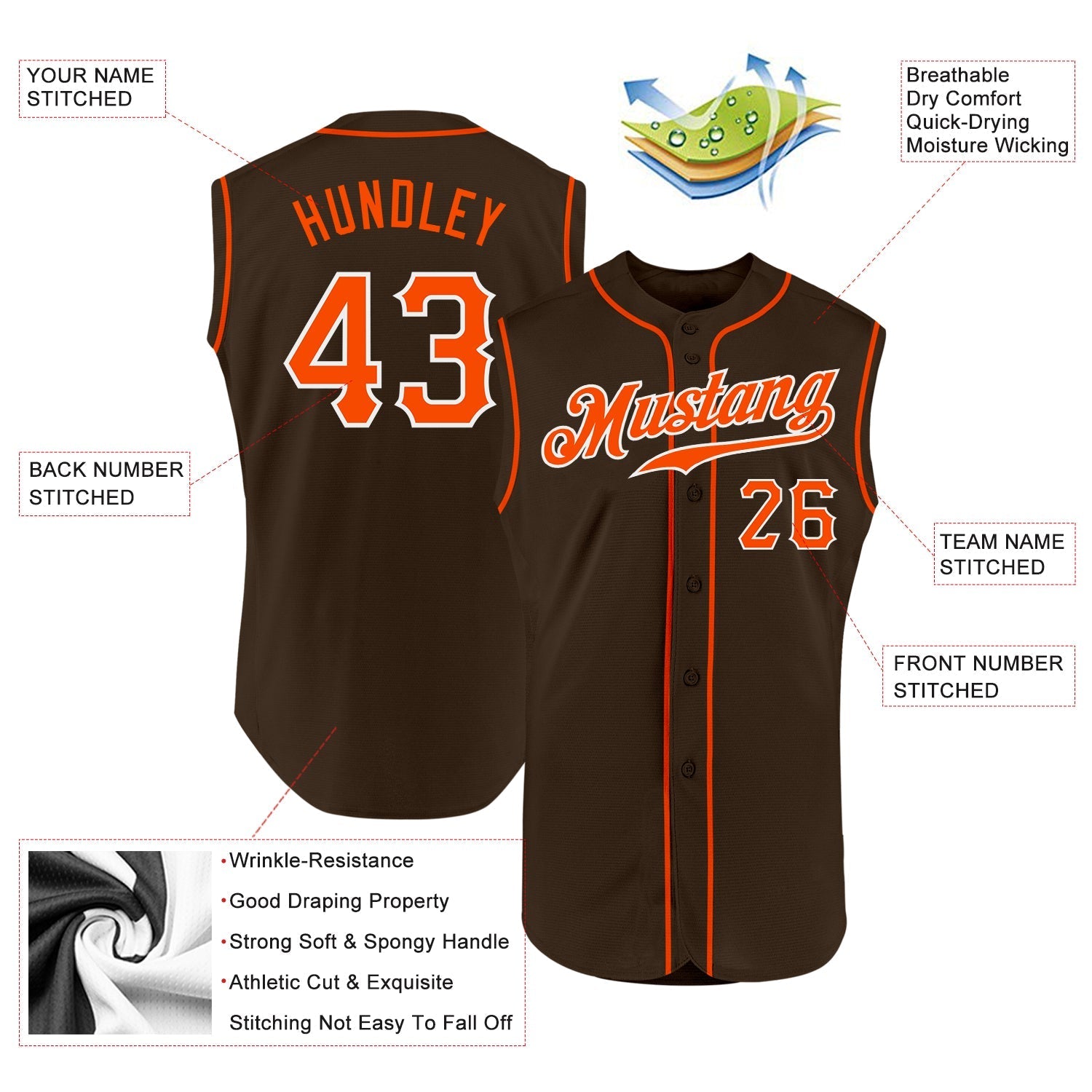 Custom Brown Orange-White Authentic Sleeveless Baseball Jersey baseball jersey product view 2