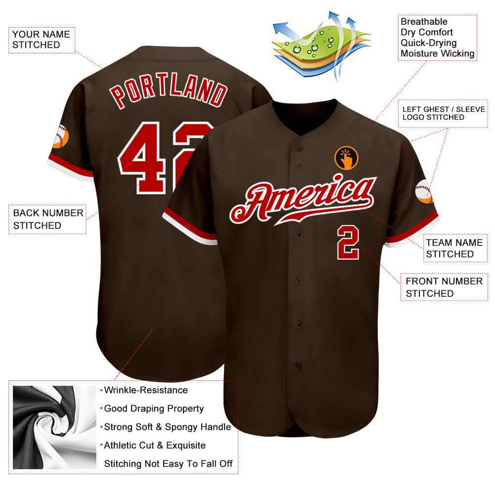 Custom Brown Red-White Authentic Baseball Jersey baseball jersey product view 3