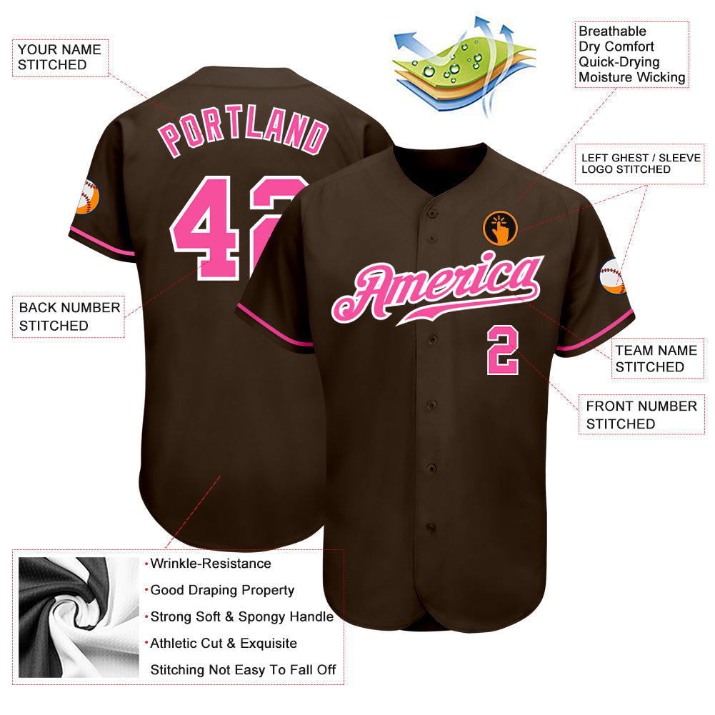 Custom Brown Pink-White Authentic Baseball Jersey baseball jersey product view 3
