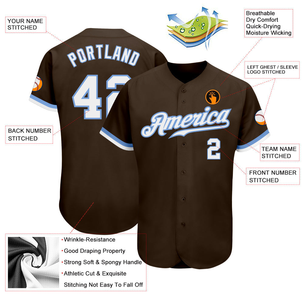 Custom Brown White-Light Blue Authentic Baseball Jersey baseball jersey product view 3