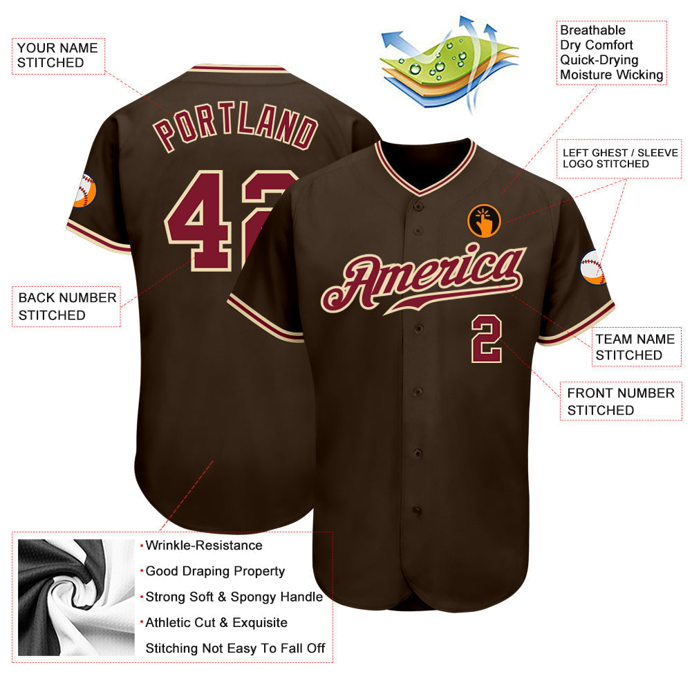 Custom Brown Crimson-City Cream Authentic Baseball Jersey baseball jersey product view 3