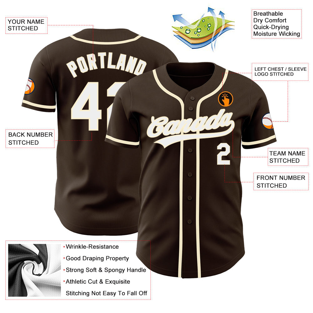 Custom Brown White-Cream Authentic Baseball Jersey baseball jersey product view 3