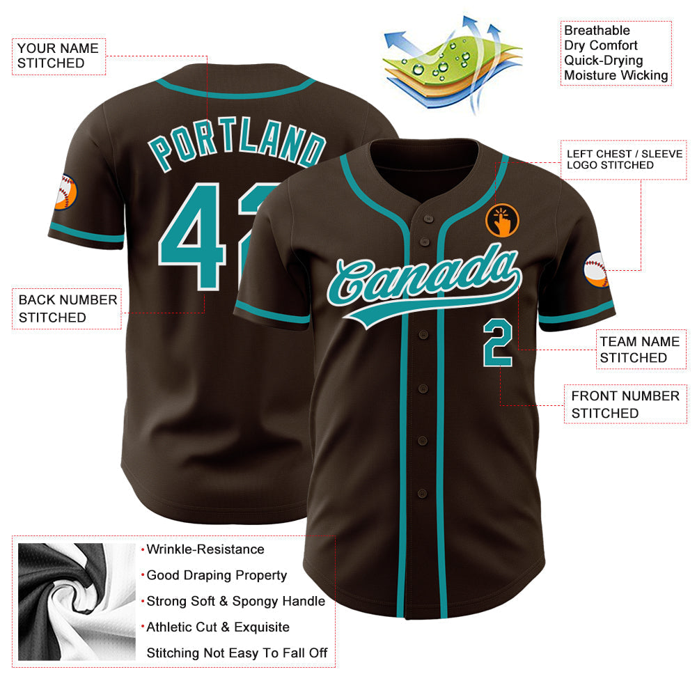 Custom Brown Teal-White Authentic Baseball Jersey baseball jersey product view 3