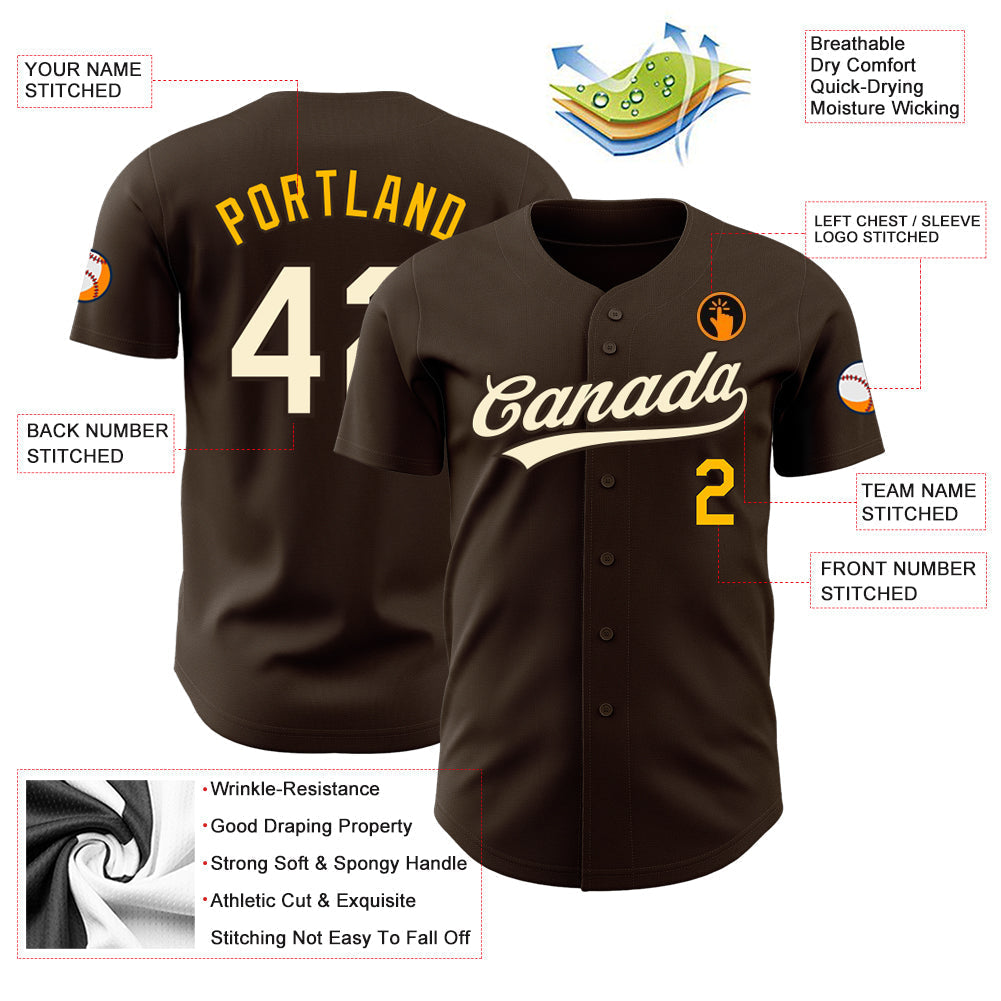 Custom Brown Cream-Gold Authentic Baseball Jersey baseball jersey product view 3