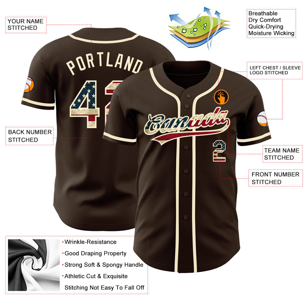Custom Brown Vintage USA Flag-Cream Authentic Baseball Jersey baseball jersey product view 3