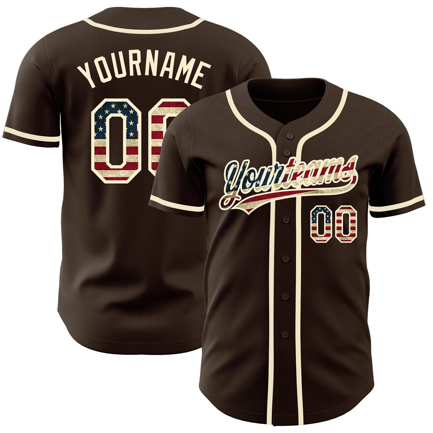 Custom Brown Vintage USA Flag-Cream Authentic Baseball Jersey baseball jersey product view 1