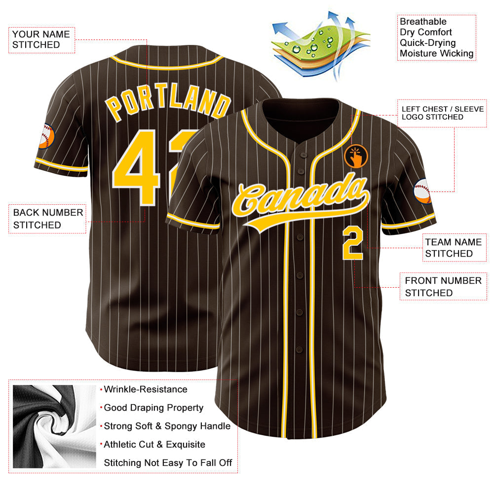 Custom Brown White Pinstripe Gold Authentic Baseball Jersey baseball jersey product view 3