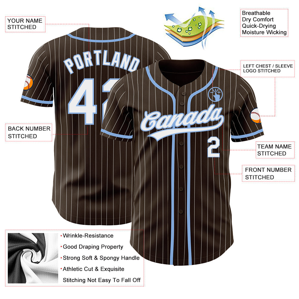 Custom Brown White Pinstripe Light Blue Authentic Baseball Jersey baseball jersey product view 3