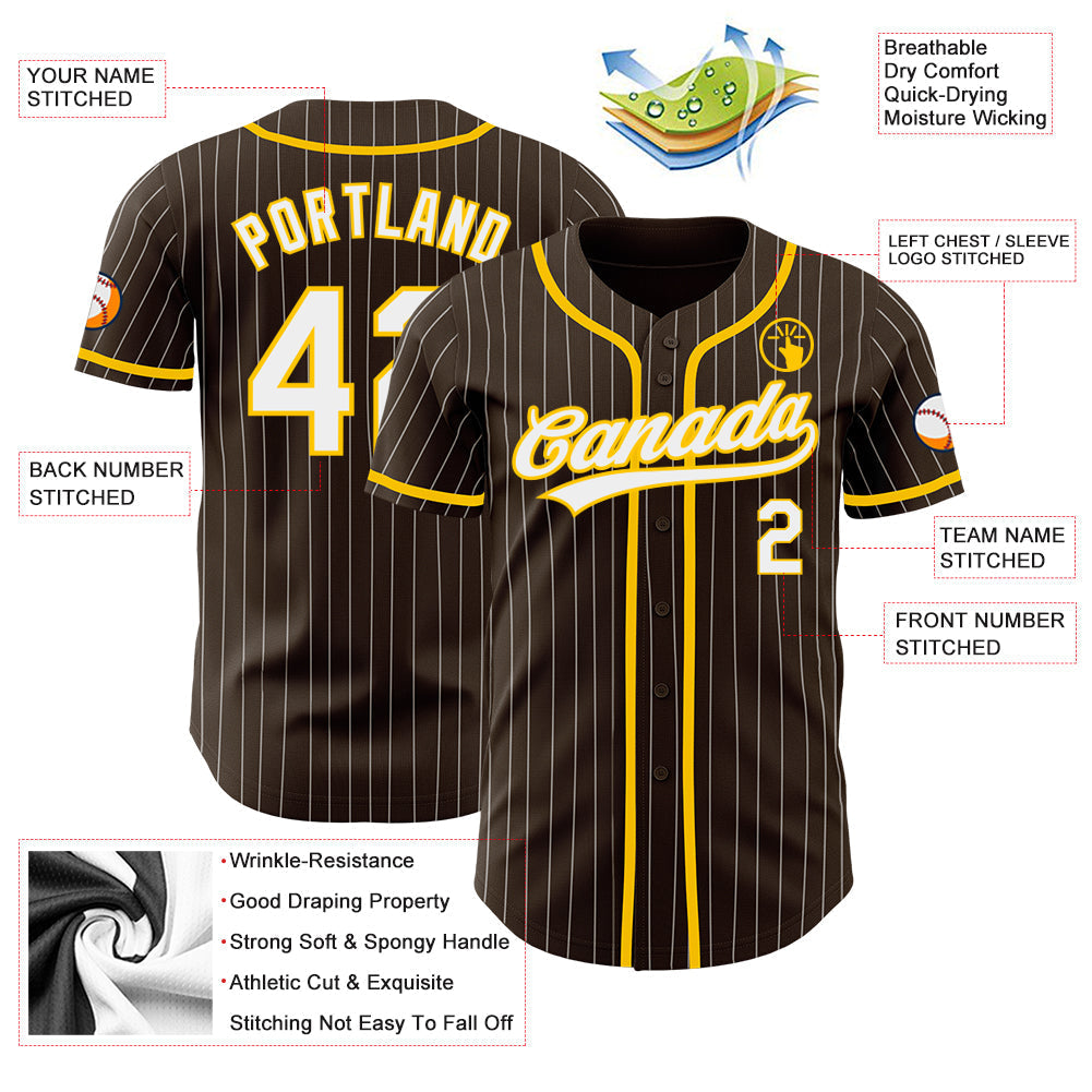 Custom Brown White Pinstripe Yellow Authentic Baseball Jersey baseball jersey product view 3