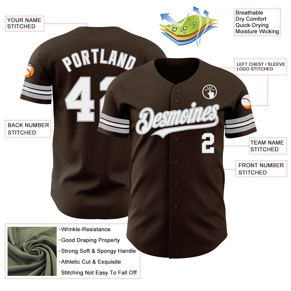 Custom Brown White-Gray Authentic Baseball Jersey baseball jersey product view 3