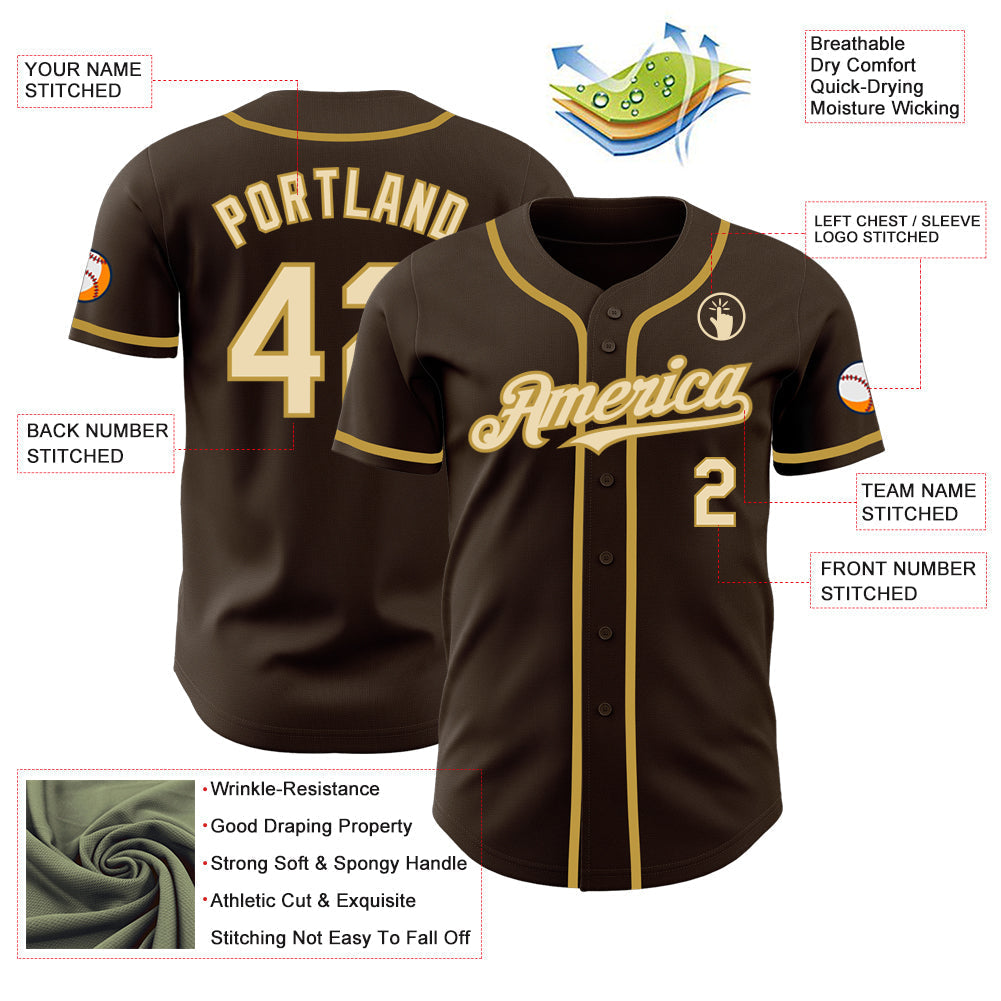 Custom Brown Cream-Old Gold Authentic Baseball Jersey baseball jersey product view 3