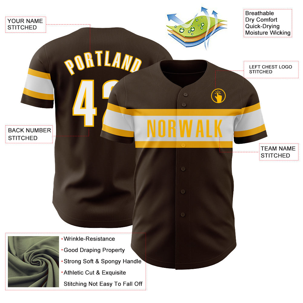 Custom Brown White-Gold Authentic Baseball Jersey baseball jersey product view 3