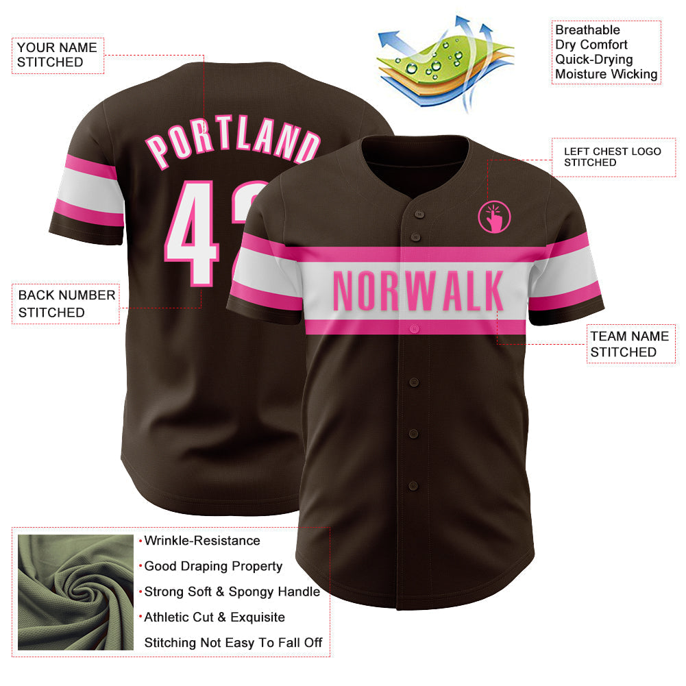 Custom Brown White-Pink Authentic Baseball Jersey baseball jersey product view 3
