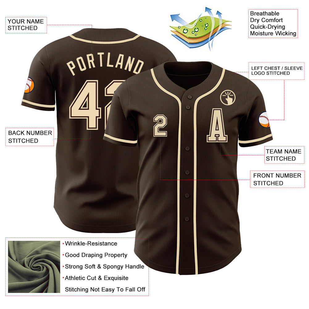Custom Brown Cream Authentic Baseball Jersey baseball jersey product view 2