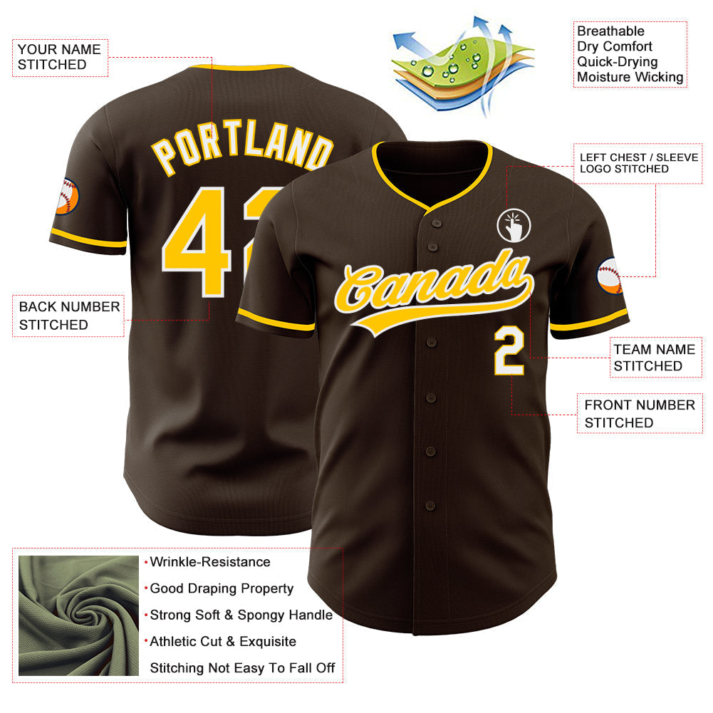 Custom Brown Yellow-White Authentic Baseball Jersey baseball jersey product view 3
