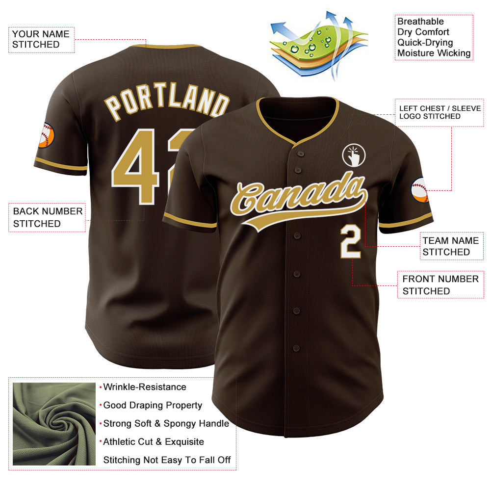 Custom Brown Old Gold-White Authentic Baseball Jersey baseball jersey product view 3