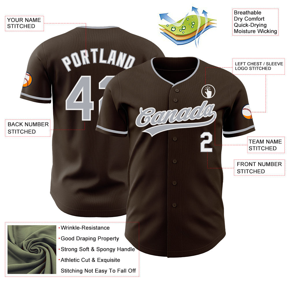 Custom Brown Gray-White Authentic Baseball Jersey baseball jersey product view 3