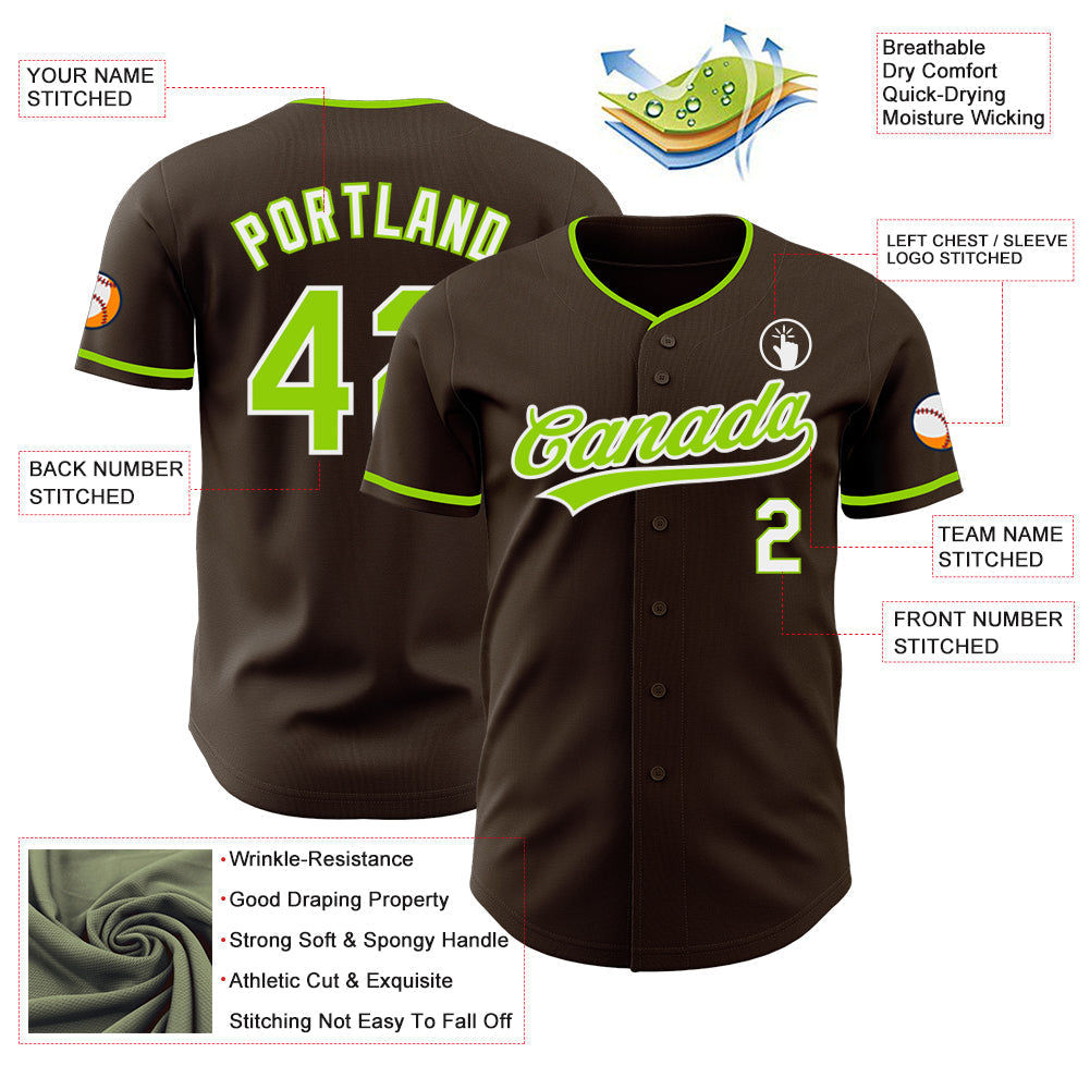 Custom Brown Neon Green-White Authentic Baseball Jersey baseball jersey product view 3