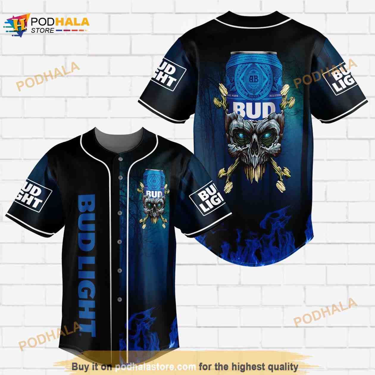 Bud Light Flowery Skull Blue Flame All Over Print Unisex 3D Baseball Jersey baseball jersey product view 1