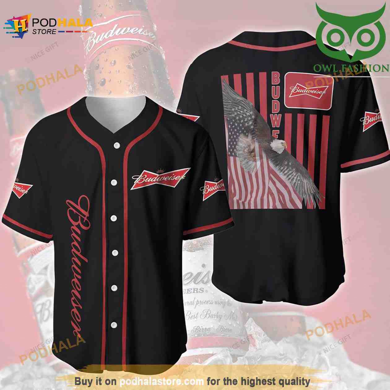 Budweiser American Vibe Classic Black 3D Baseball Jersey Shirt baseball jersey product view 1