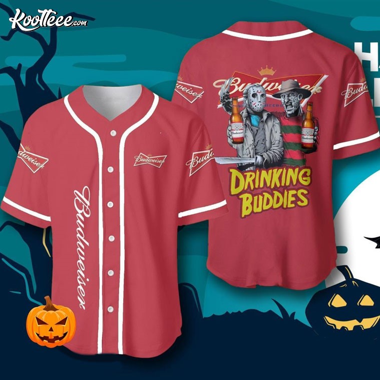 Budweiser Halloween Freddy And Jason Drinking Buddies Baseball Jersey baseball jersey product view 1