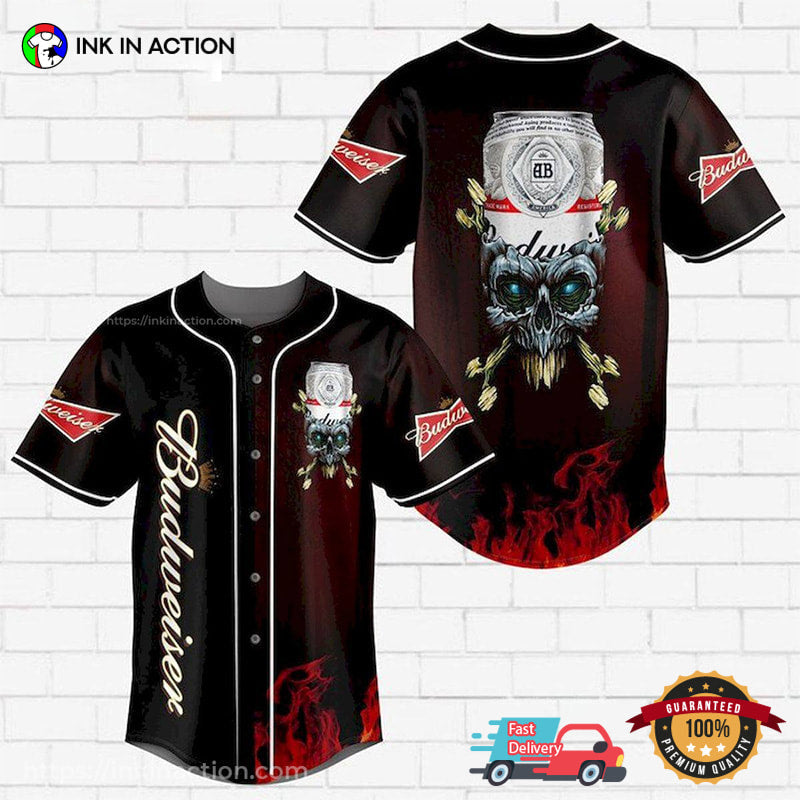 Budweiser Skull Fire Baseball Jersey baseball jersey product view 1