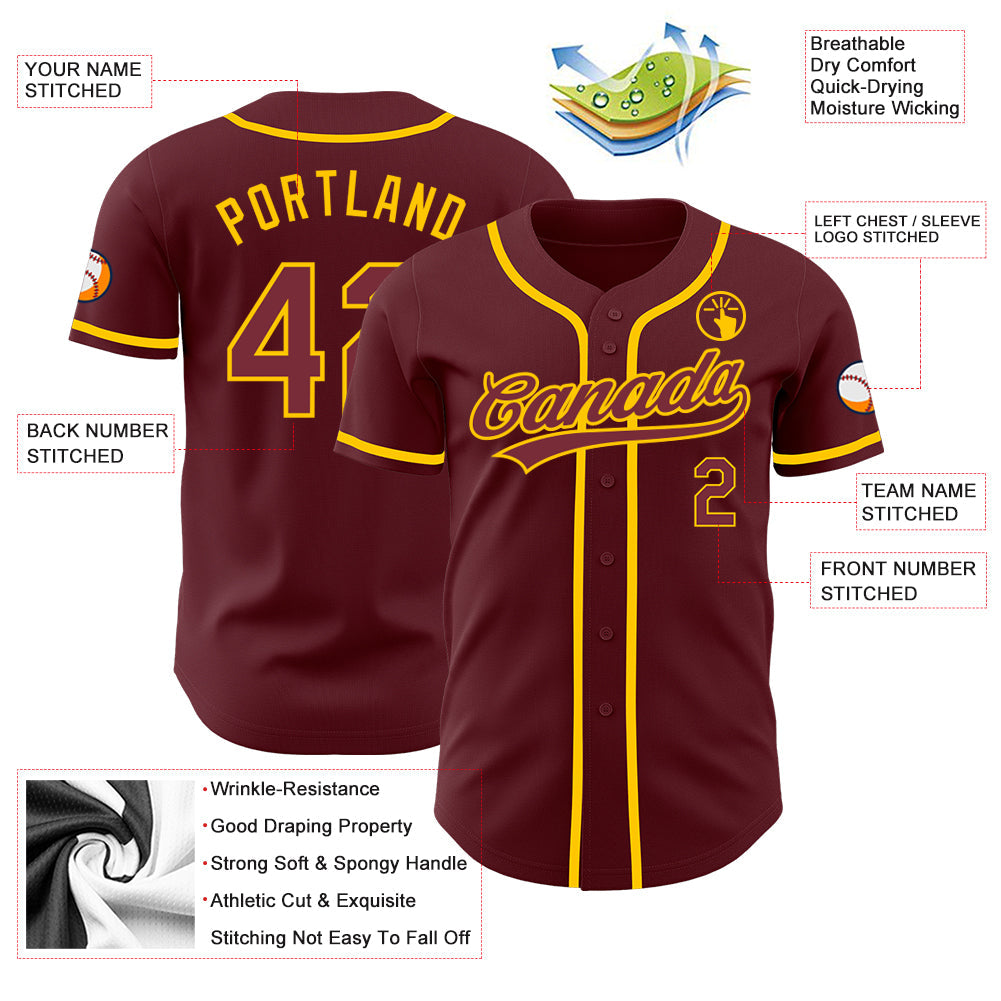 Custom Burgundy Yellow Authentic Baseball Jersey baseball jersey product view 3