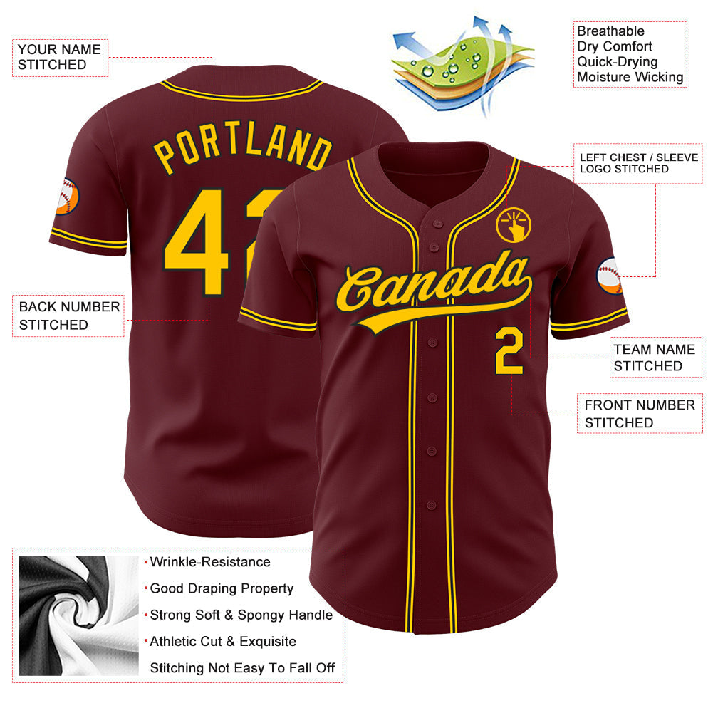 Custom Burgundy Yellow-Black Authentic Baseball Jersey baseball jersey product view 3