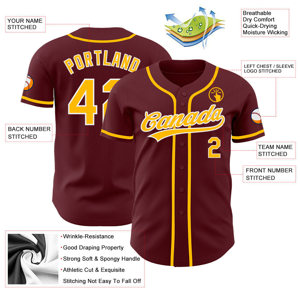 Custom Burgundy Gold-White Authentic Baseball Jersey baseball jersey product view 3
