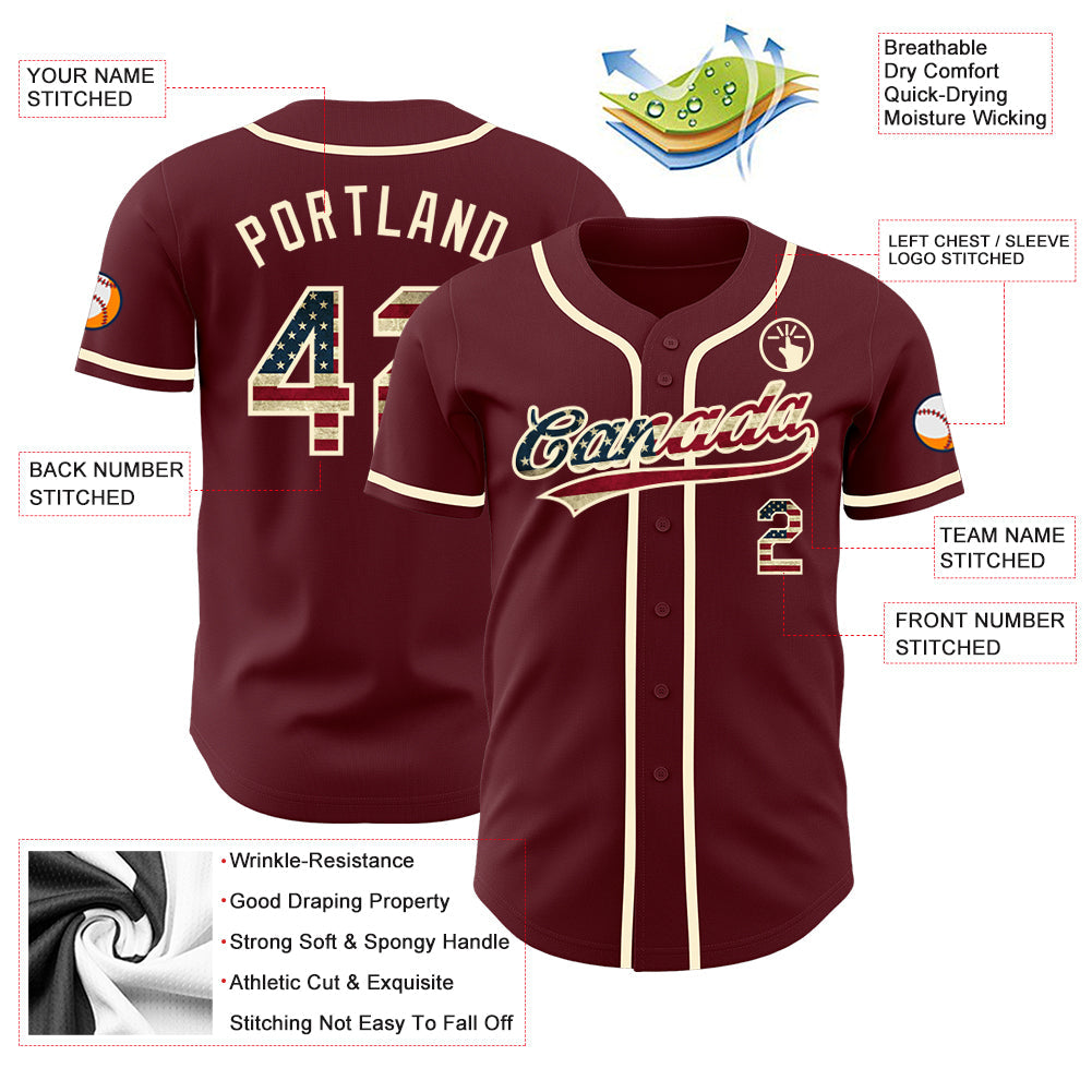 Custom Burgundy Vintage USA Flag-Cream Authentic Baseball Jersey baseball jersey product view 3