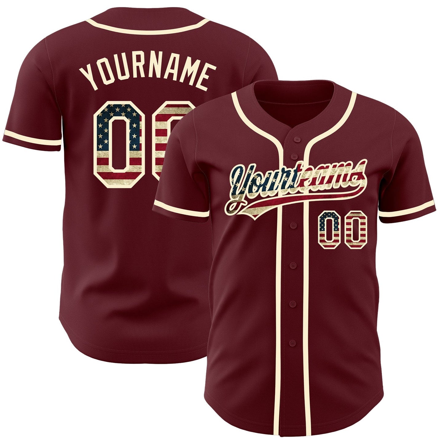 Custom Burgundy Vintage USA Flag-Cream Authentic Baseball Jersey baseball jersey product view 1