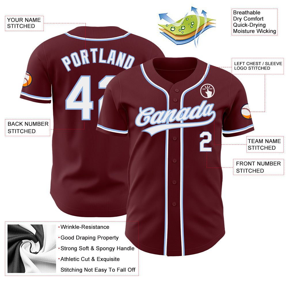 Custom Burgundy White-Light Blue Authentic Baseball Jersey baseball jersey product view 4