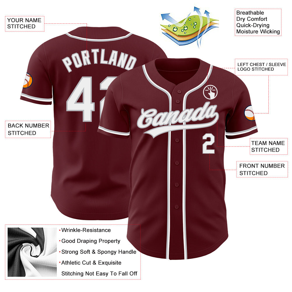 Custom Burgundy White-Gray Authentic Baseball Jersey baseball jersey product view 4