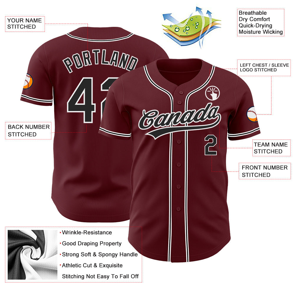 Custom Burgundy Black-White Authentic Baseball Jersey baseball jersey product view 3