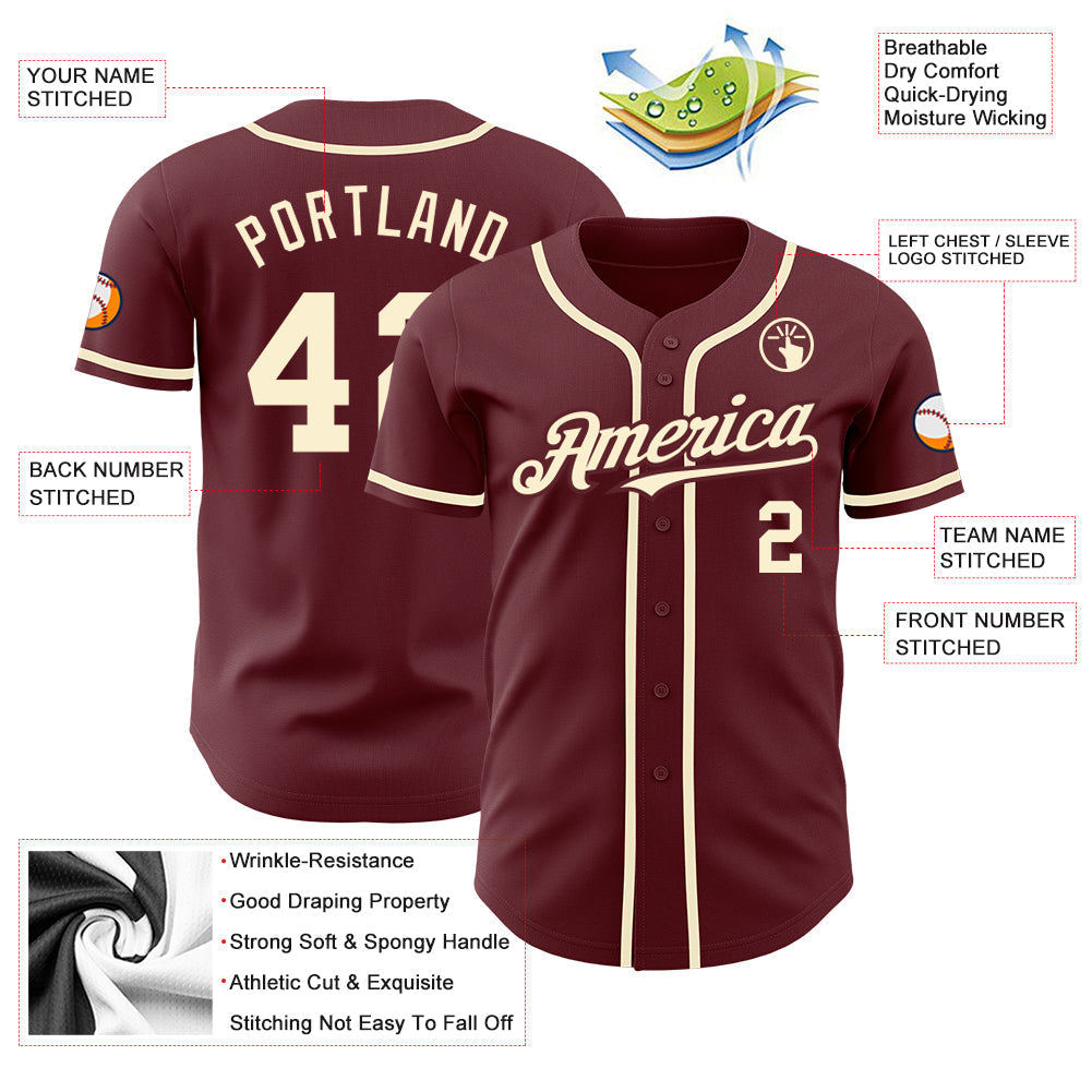 Custom Burgundy Cream Authentic Baseball Jersey baseball jersey product view 3