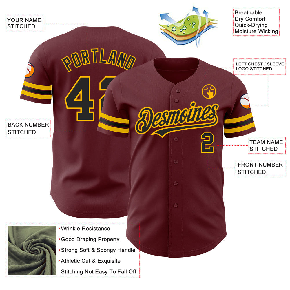 Custom Burgundy Black-Gold Authentic Baseball Jersey baseball jersey product view 3