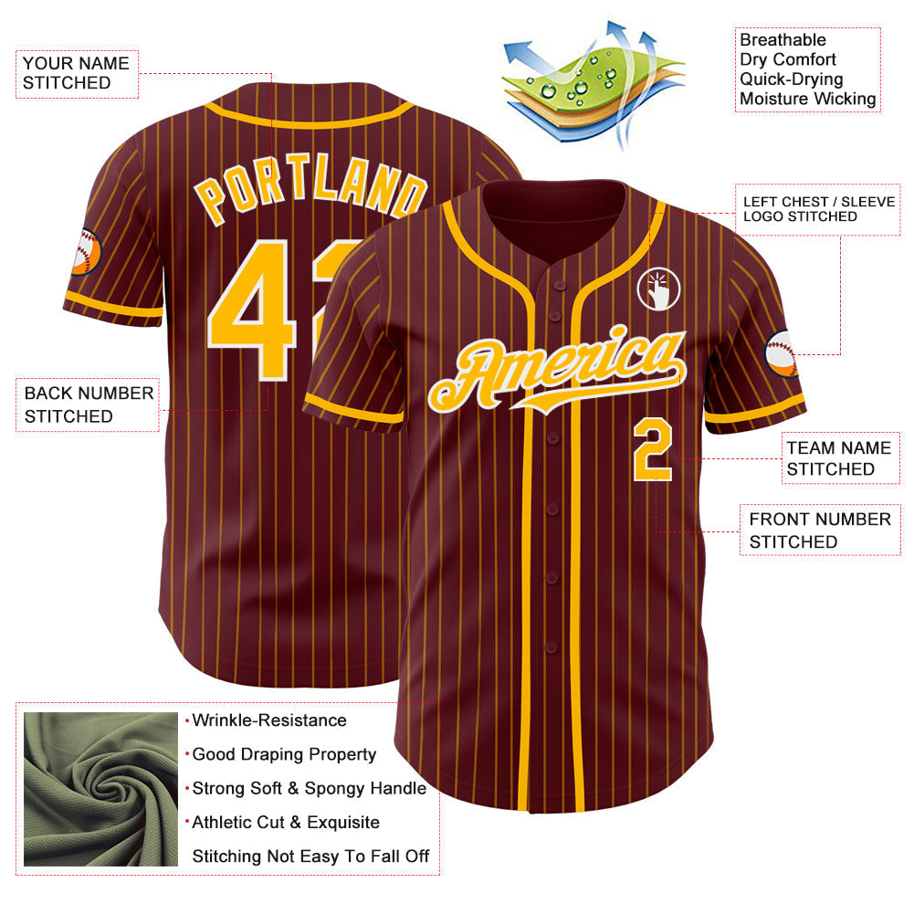Custom Burgundy Gold Pinstripe White Authentic Baseball Jersey baseball jersey product view 3