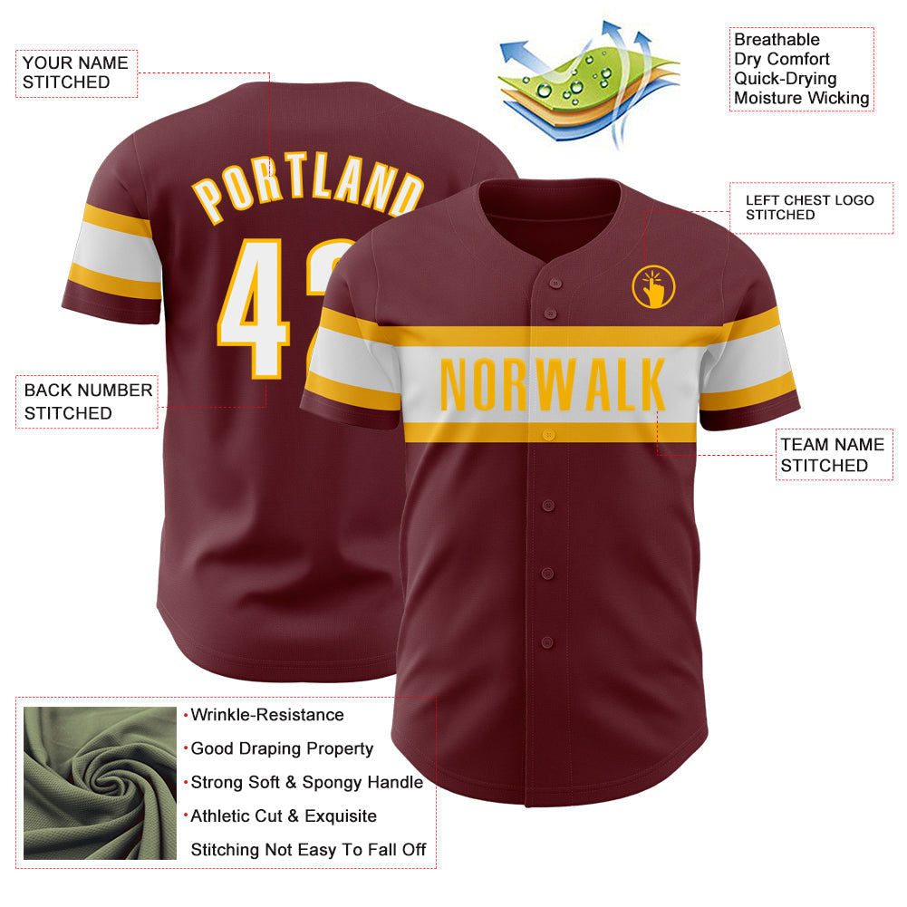 Custom Burgundy White-Gold Authentic Baseball Jersey baseball jersey product view 3