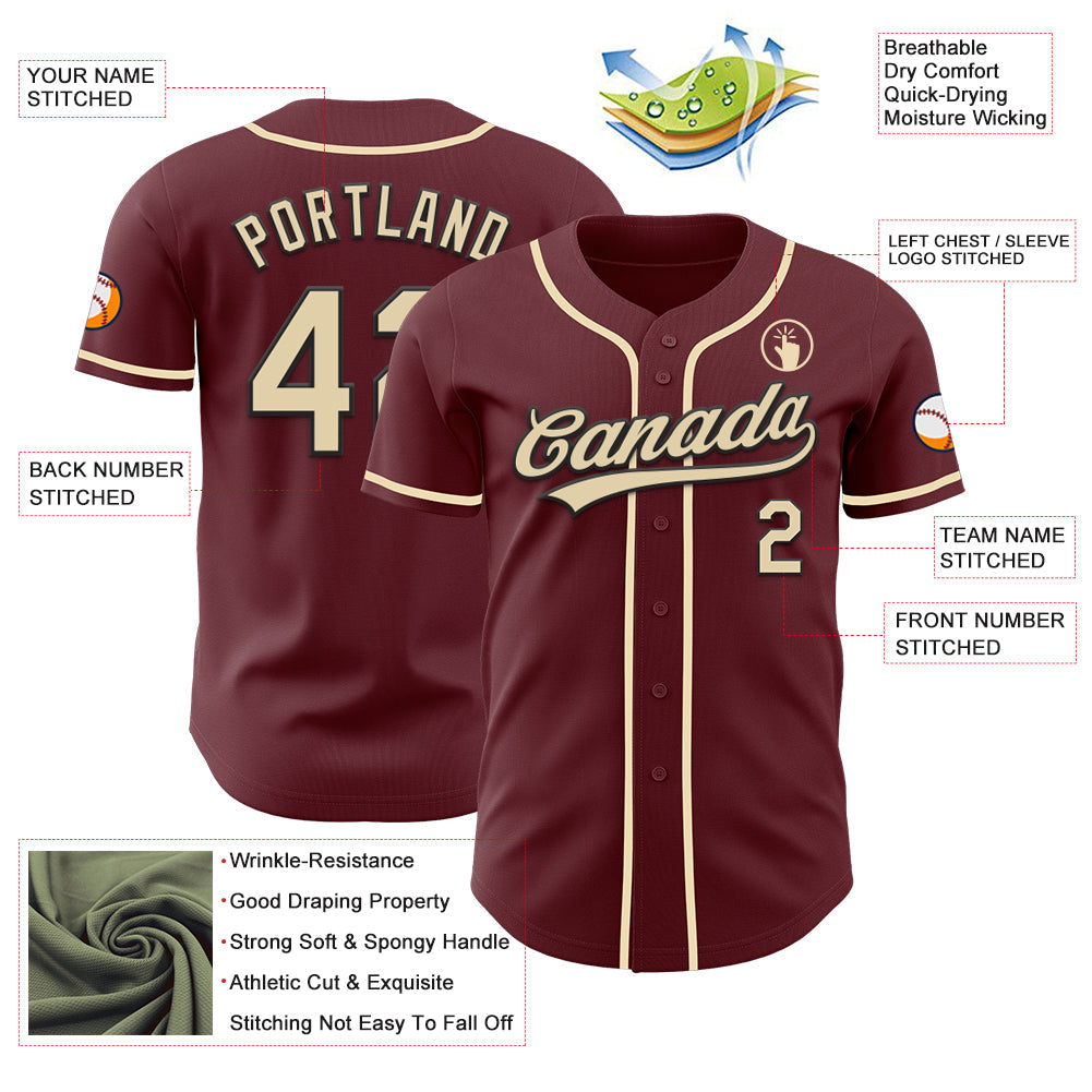 Custom Burgundy Cream-Black Authentic Baseball Jersey baseball jersey product view 3