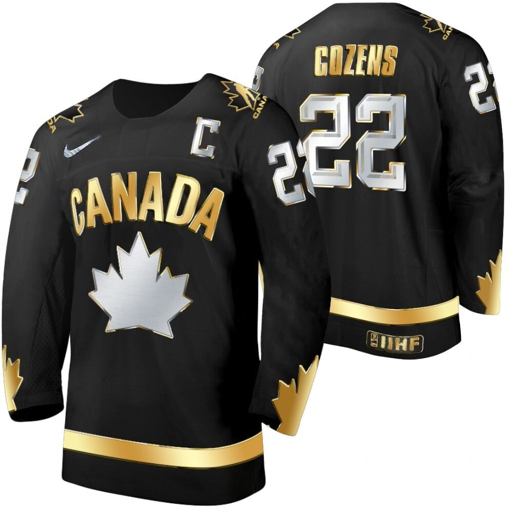 CANADA #22 dylan-cozens 2021-iihf-world-junior-championship-black-golden-limited-edition-jersey sports jersey product view 1