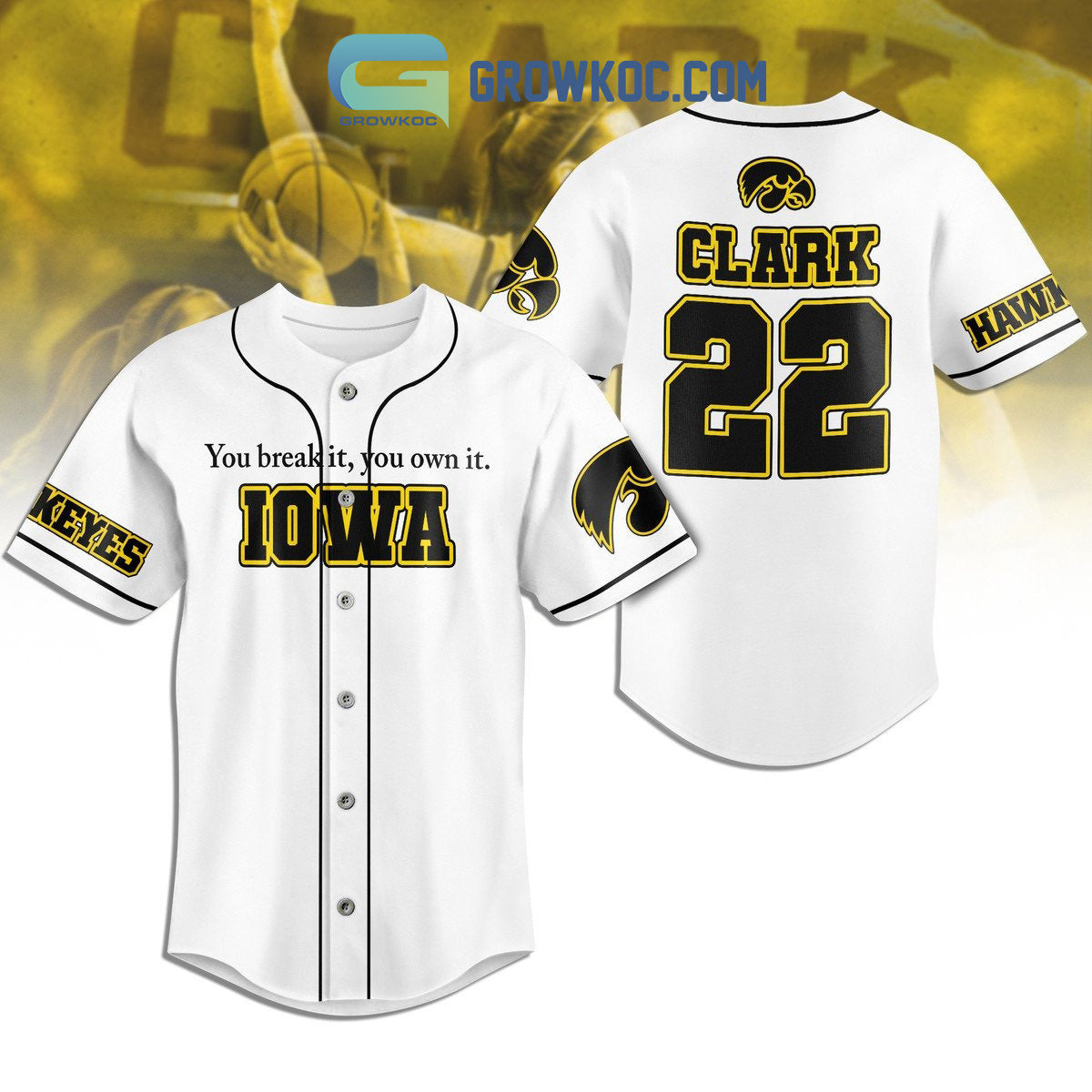 Caitlin Clark Iowa Hawkeyes Fan Baseball Jersey White Version baseball jersey product view 1