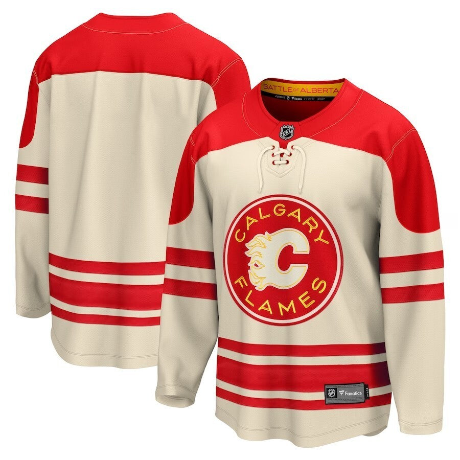 Calgary Flames Fanatics Branded 2023 NHL Heritage Classic Premier Breakaway Jersey – Cream hockey jersey product view 1