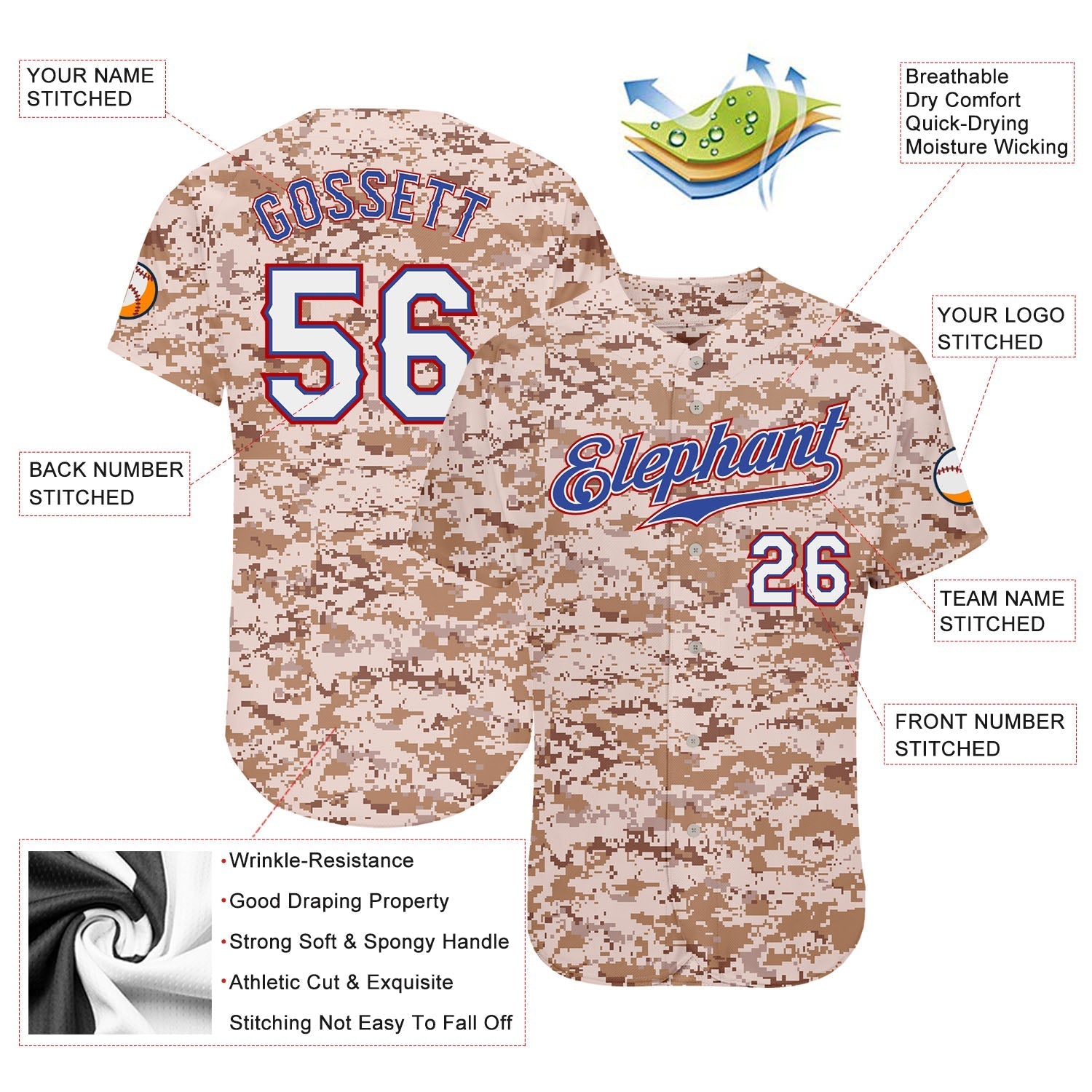 Custom Camo White-Royal Authentic Salute To Service Baseball Jersey baseball jersey product view 3
