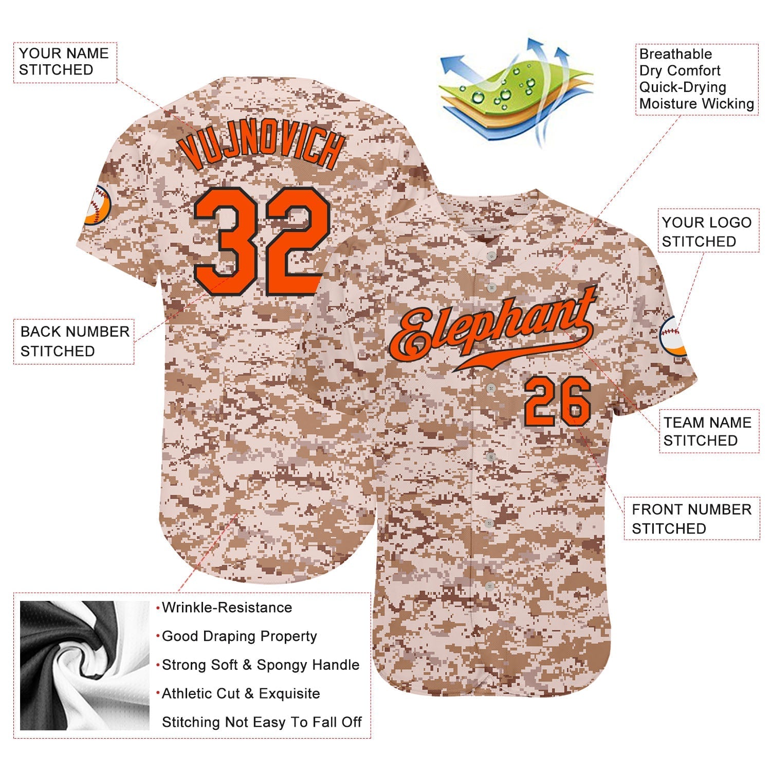 Custom Camo Orange-Black Authentic Salute To Service Baseball Jersey baseball jersey product view 4