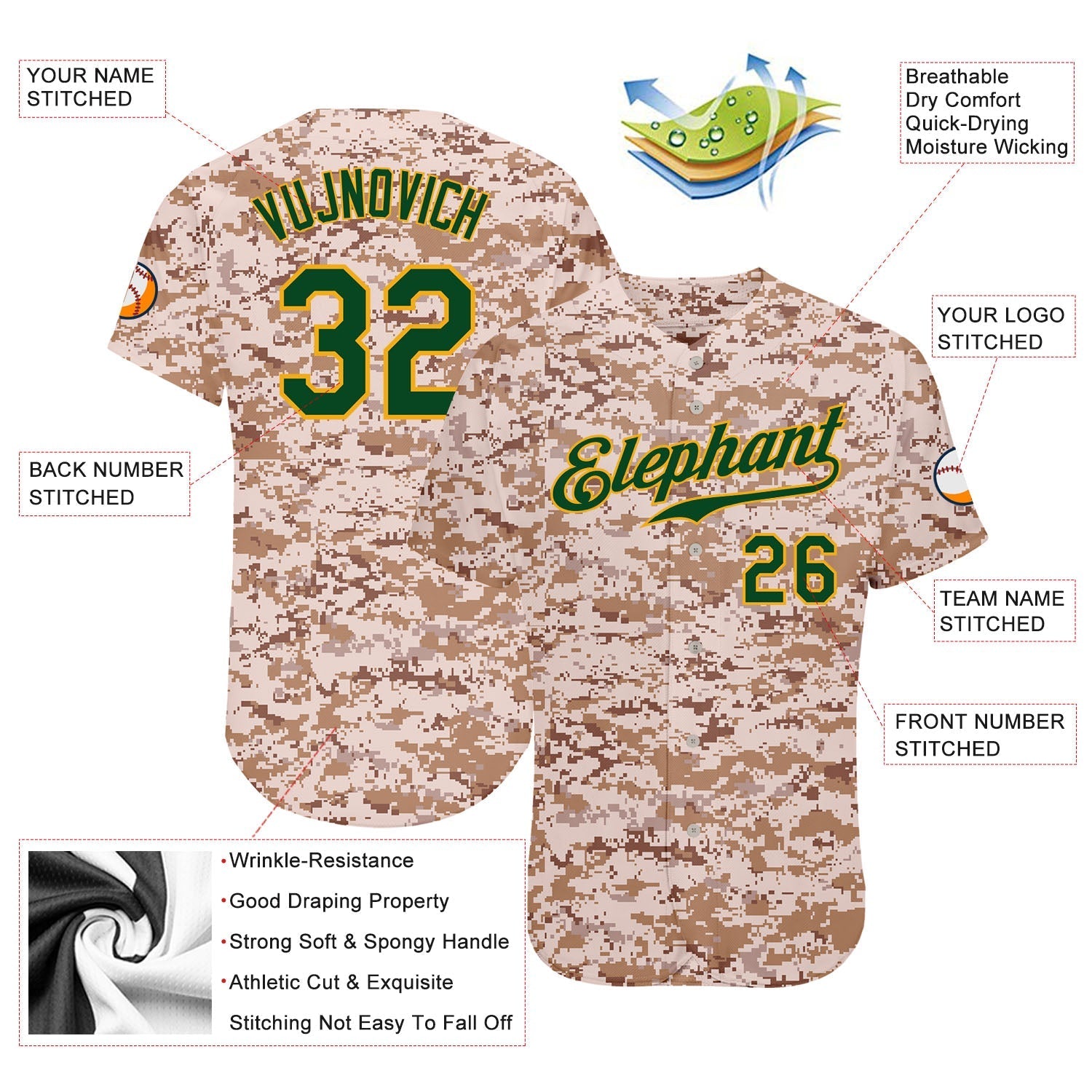 Custom Camo Green-Gold Authentic Salute To Service Baseball Jersey baseball jersey product view 3