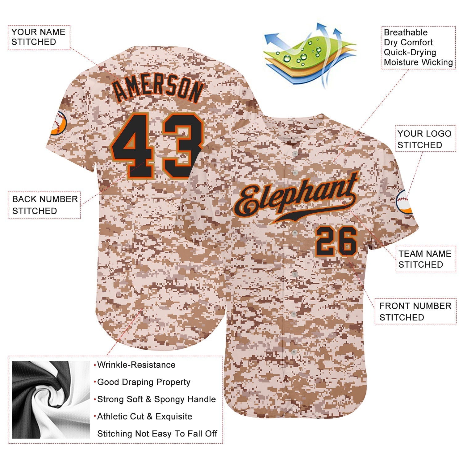 Custom Camo Black-Orange Authentic Salute To Service Baseball Jersey baseball jersey product view 3