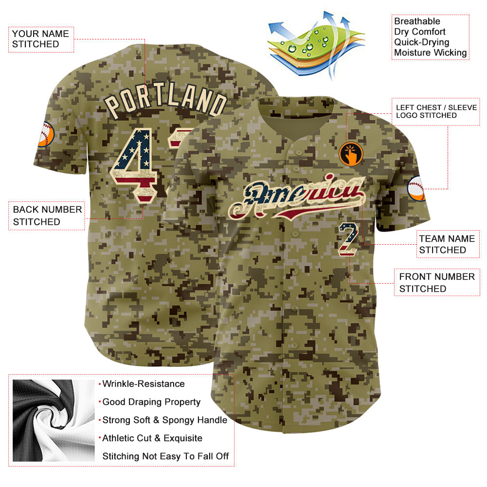 Custom Camo Vintage USA Flag-City Cream Authentic Salute To Service Baseball Jersey baseball jersey product view 3