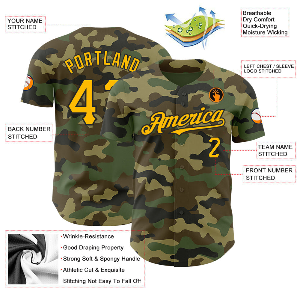 Custom Camo Gold-Black Authentic Salute To Service Baseball Jersey baseball jersey product view 3