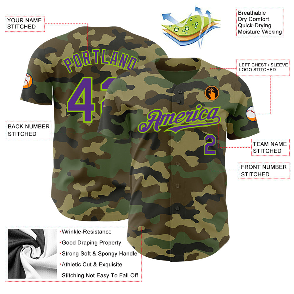 Custom Camo Purple-Neon Green Authentic Salute To Service Baseball Jersey baseball jersey product view 3